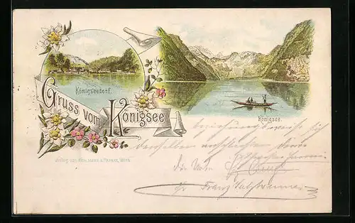 Lithographie Königsee, Königseedorf und Bootspartie