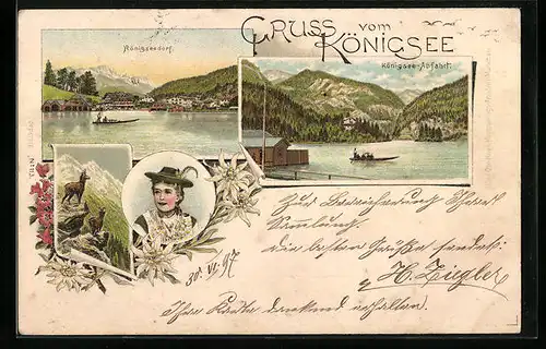 Lithographie Königsee, Königsee-Abfahrt, Königseedorf und Frau in Tracht