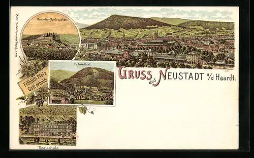 Lithographie Neustadt a. d. Haardt, Ortsansicht, Haardter Schlösschen, Realschule
