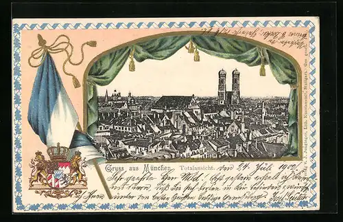 Passepartout-Lithographie München, Totalansicht mit Frauenkirche