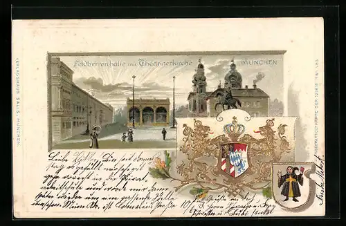 Passepartout-Lithographie München, Feldherrenhalle und Theatinerkirche