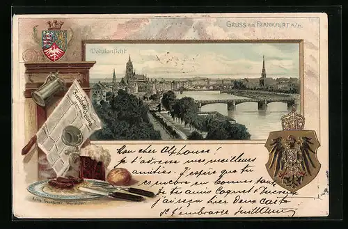 Passepartout-Lithographie Frankfurt a. M., Totalansicht mit Paulskirche und Frankfurter Würstchen