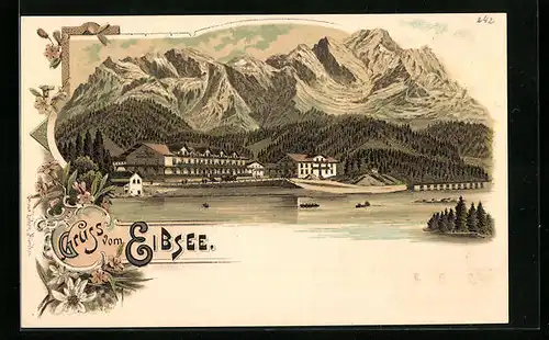 Lithographie Eibsee, Seepartie mit Alpenpanorama
