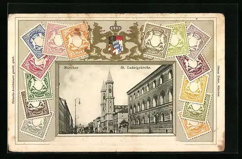 AK München, St. Ludwigskirche mit verschiedenen bayerischen Briefmarken
