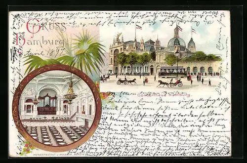 Lithographie Hamburg-St.Pauli, Concerthaus, Innen-und Aussenansicht