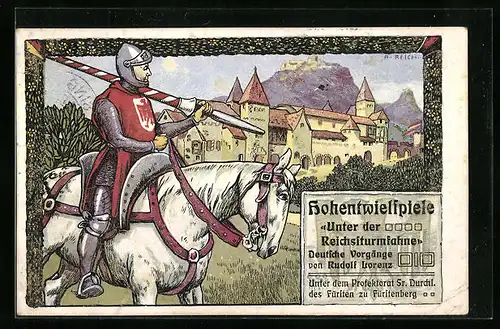 Lithographie Singen, Hohentwielspiele Unter der Reichsturmfahne, Lanzenreiter an der Burg