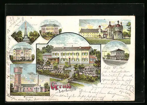 Lithographie Lager Lechfeld, Restaurant zum Steinernen Haus, Bahnhof, Wasserwerk