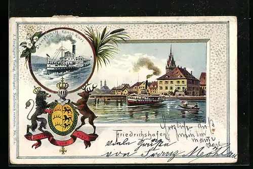 Passepartout-Lithographie Friedrichshafen, Panorama vom Hafen, Dampfer König Karl, Wappen