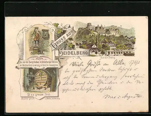 Lithographie Heidelberg, Teilansicht mit Schloss, Grosses Fass, Zwerg Perkeo