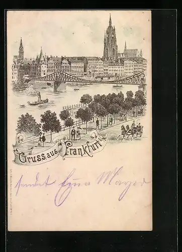 Lithographie Frankfurt /Main, Panorama mit Mainbrücke und Dom