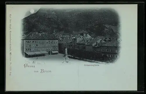 Mondschein-AK Bozen, Ortsansicht mit Johannsplatz