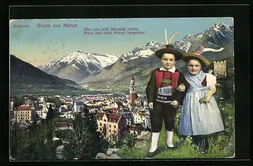 AK Meran, Ortsansicht mit Kindern in Tracht