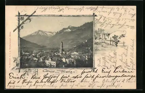 AK Meran, Ortsansicht mit Bergpanorama