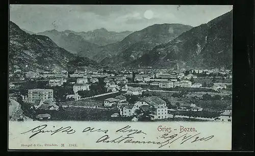 Mondschein-Lithographie Gries-Bozen, Panoramablick auf den Ort
