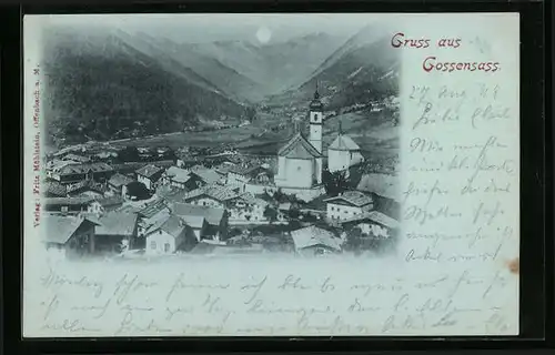 Mondschein-AK Gossensass, Teilansicht mit Kirche