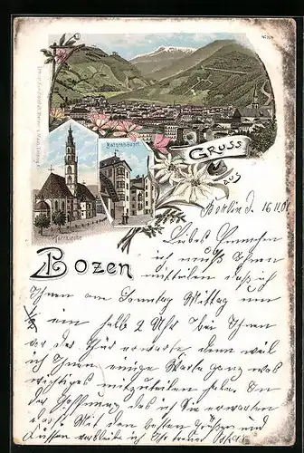 Lithographie Bozen, Pfarrkirche, Gasthaus Batzenhäusl, Panorama