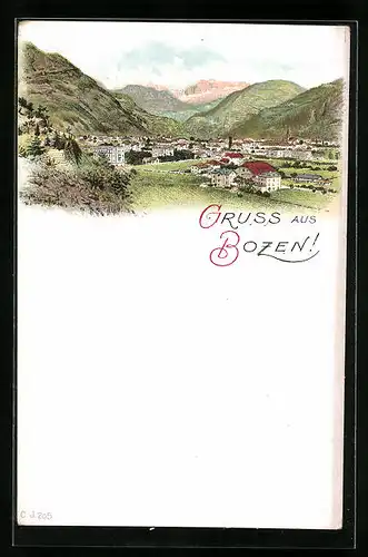 Lithographie Bozen, Panorama mit Rosengarten