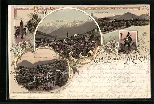 Lithographie Meran, Gilfpromenade, Wandelhalle, Passeyer Thor