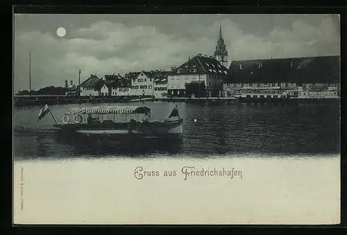 Mondschein-AK Friedrichshafen, Uferpartie mit Boot