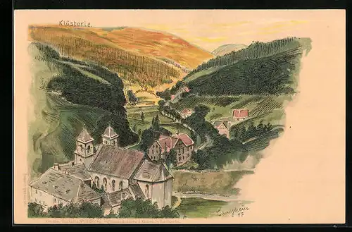 Künstler-AK Tegernsee, Ortspartie mit Doppelturmkirche, Klüsterle