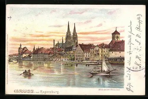 Lithographie Regensburg, Blick von der Donau aus, Segelboot