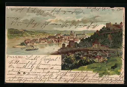 Künstler-AK Passau, Ortsansicht aus der Vogelschau