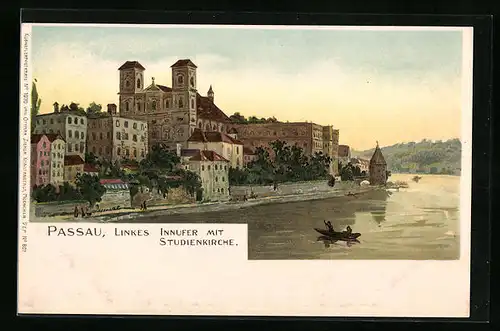 Künstler-AK Passau, Linkes Innufer mit Studienkirche