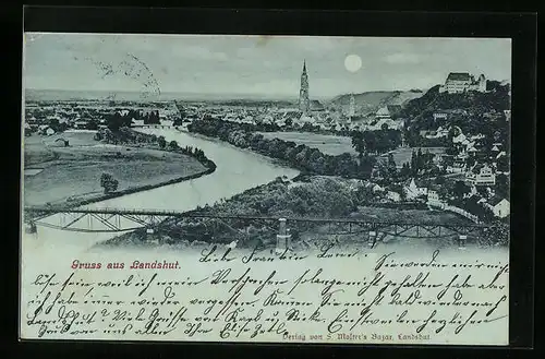 Mondschein-AK Landshut, Uferpartien aus der Vogelschau