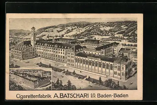 AK Baden-Baden, Cigarettenfabrik A. Batschari aus der Vogelschau