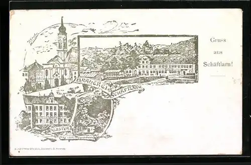 Lithographie Schäftlarn, Brauerei, Kloster am Weg nach Ebenhausen