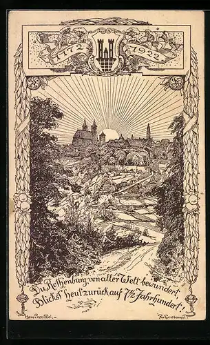 Künstler-AK Rothenburg o. Tbr., Festpostkarte zur 750 Jahrfeier, Stadt bei Sonnenaufgang