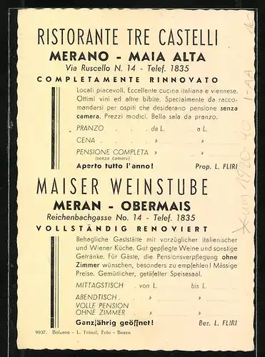 AK Meran, Restaurant Maiser Weinstube, Speisesaal