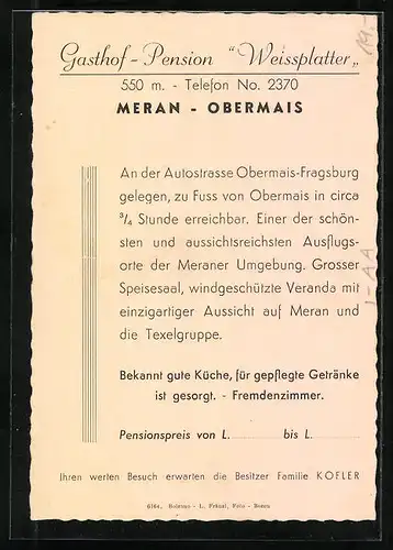 AK Meran, Gasthof-Pension Weissplatter mit Sonnenterrassen