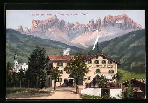 Künstler-AK Tiers, Gasthof zur Rose mit Bergpanorama