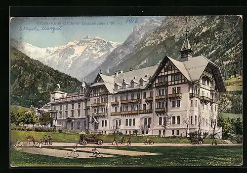 AK Gossensass, Hotel Gröbner mit Bergpanorama