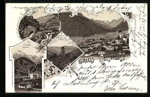 Lithographie Gossensass, Totalansicht mit Kirche