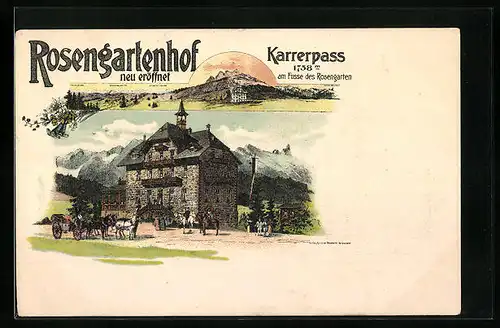 Lithographie Karrerpass, Gasthof Rosengartenhof mit Kutschen