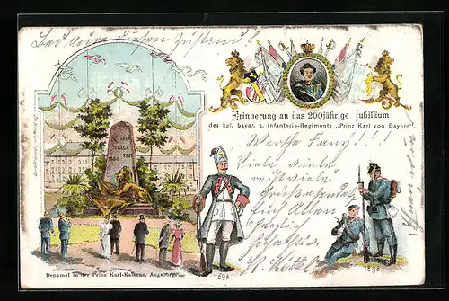 Lithographie Augsburg, 200jähriges Jubiläum des kgl. bayer. 3. Infanterie-Regiments Prinz Karl von Bayern, Denkmal