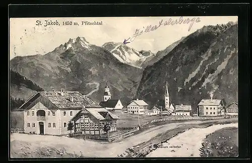 Künstler-AK St. Jakob /Pfitschtal, Ortspartie mit Kirche