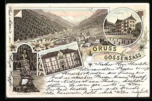 Lithographie Gossensass, Hotel-Pension Leopold Hof, Hotel Gröbner, Redwitz Denkmal