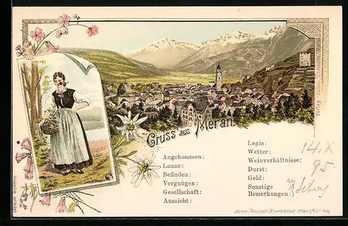 Lithographie Meran, Panorama, Frau mit Korb