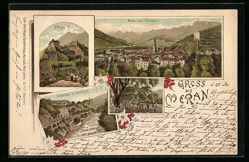 Lithographie Meran, Schloss Tirol, Gilfanlage mit Zenoburg, Gisela Promenade