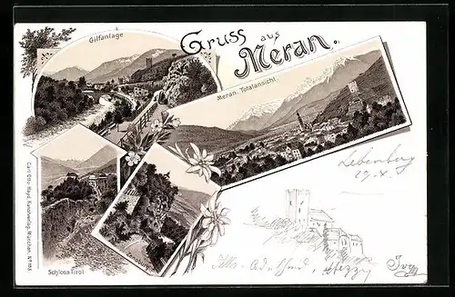 Lithographie Meran, Gilfanlage, Totalansicht, Schloss Tirol, Zenoburg