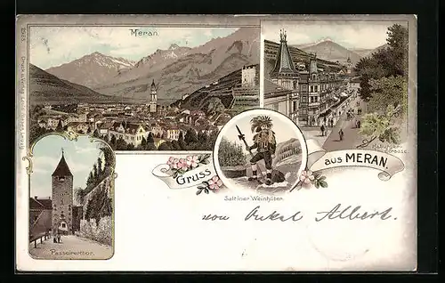 Lithographie Meran, Totalansicht, Passeirerthor, Haburger Hauptstrasse, Saltiner Weinhüter