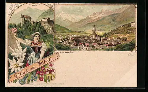 Lithographie Meran, Schloss Tirol, Totalansicht, Trachten