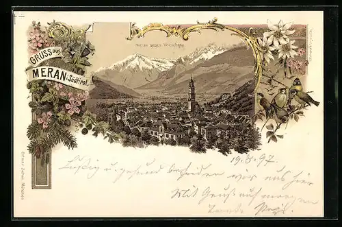 Lithographie Meran, Totalansicht gegen Vintschgau