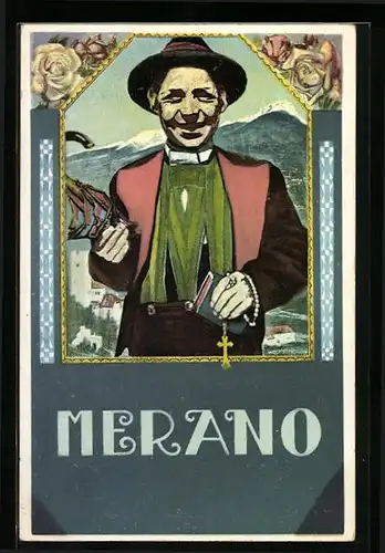 Künstler-AK Meran, Geistlicher mit Schirm, Bibel und Rosenkranz