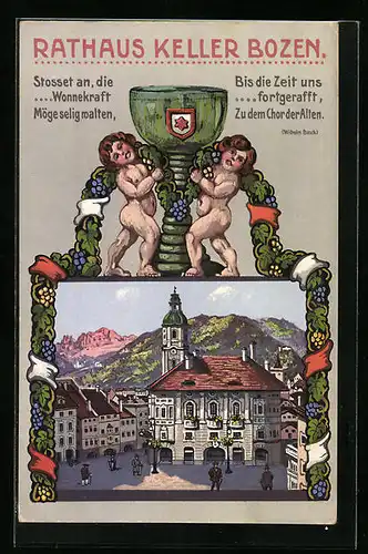 Künstler-AK Bozen, Restaurant Rathaus Keller Bozen, Kelch von Kindern getragen