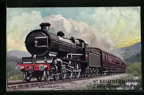 Künstler-AK Lokomotive der englischen Eisenbahn auf der Strecke Dublin-Queenstown