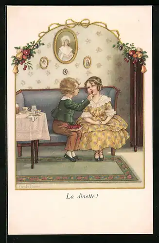 Künstler-AK Pauli Ebner: Junge füttert Mädchen mit Kirschen